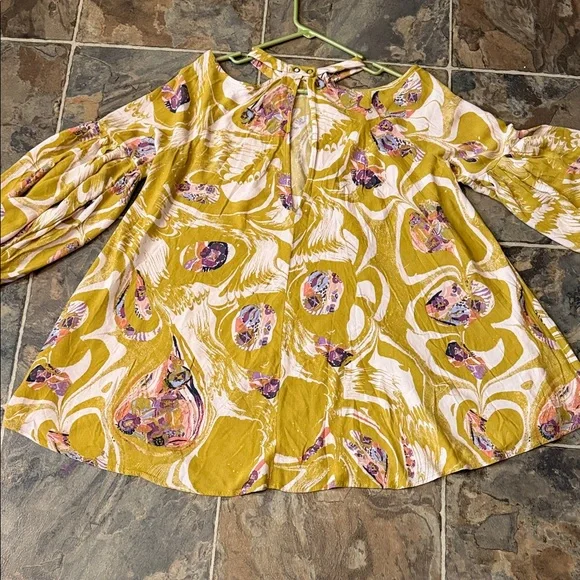 Free People Chartreuse Floral Off-Shoulder Blouse - Picture 6 of 9